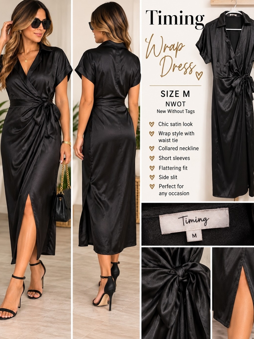 Timing Satin Wrap Dress in Black